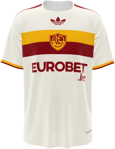Camisa visitante da Roma 2026 - 2027 branca com faixa amarela e vinho no peito, frente e costas