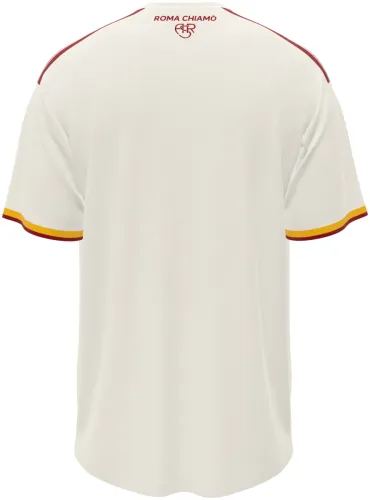Camisa visitante da Roma 2026 - 2027 branca com faixa amarela e vinho no peito, frente e costas