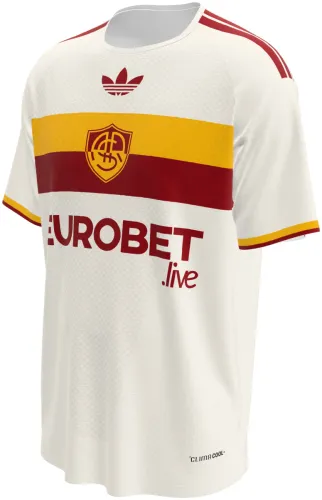 Camisa visitante da Roma 2026 - 2027 branca com faixa amarela e vinho no peito, frente e costas