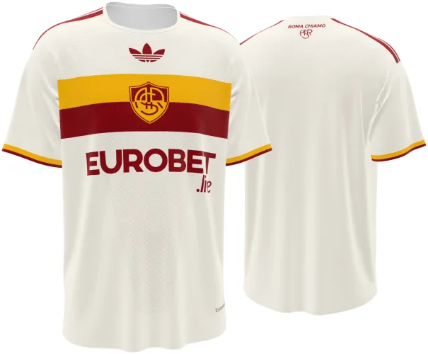 Camisa visitante da Roma 2026 - 2027 branca com faixa amarela e vinho no peito, frente e costas