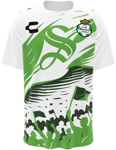 Camisa de treino do Santos Laguna 2026 - 2027 branca com torcida desenhada na barra, frente e costas
