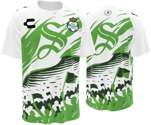 Camisa de treino do Santos Laguna 2026 - 2027 branca com torcida desenhada na barra, frente e costas