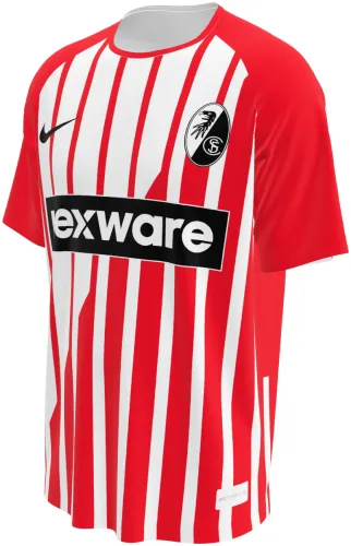 Camisa titular do SC Freiburg 2026 - 2027 vermelha com listras brancas irregulares, frente e costas