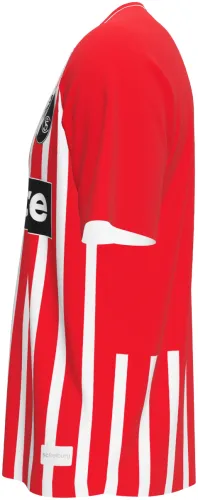 Camisa titular do SC Freiburg 2026 - 2027 vermelha com listras brancas irregulares, frente e costas