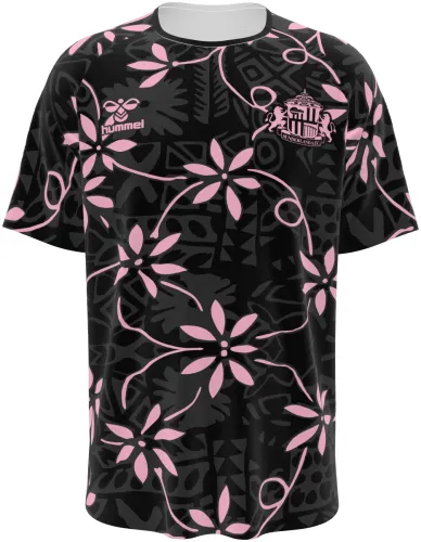 Camisa de pré-jogo do Sunderland AFC 2026 - 2027 preta com flores de cerejeira rosa, frente e costas