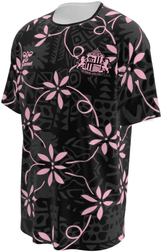 Camisa de pré-jogo do Sunderland AFC 2026 - 2027 preta com flores de cerejeira rosa, frente e costas