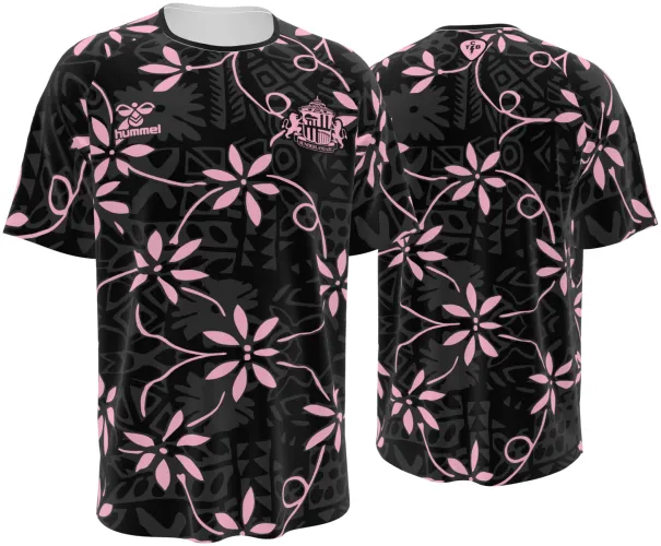 Camisa de pré-jogo do Sunderland AFC 2026 - 2027 preta com flores de cerejeira rosa, frente e costas