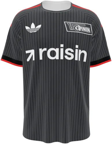Camisa visitante do Union Berlin 2026 - 2027 cinza-escura com listras finas, frente e costas