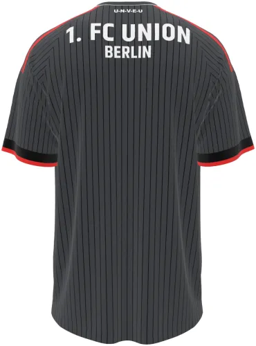 Camisa visitante do Union Berlin 2026 - 2027 cinza-escura com listras finas, frente e costas