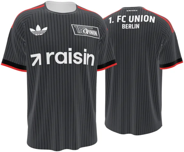 Camisa visitante do Union Berlin 2026 - 2027 cinza-escura com listras finas, frente e costas