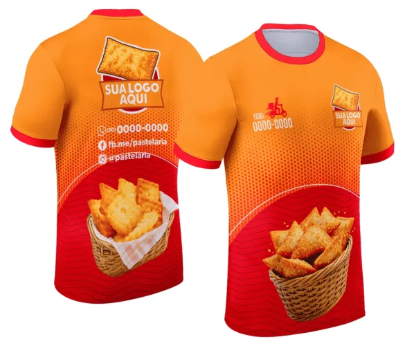 Camisa com logo no peito e estampa grande nas costas, combinando cores suaves e design moderno ideal para entregadores ou fãs de pastel delivery